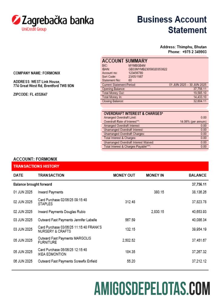 Extrato de conta de empresa de negócios do banco croata Zagrebačka Word Snd formato PDF